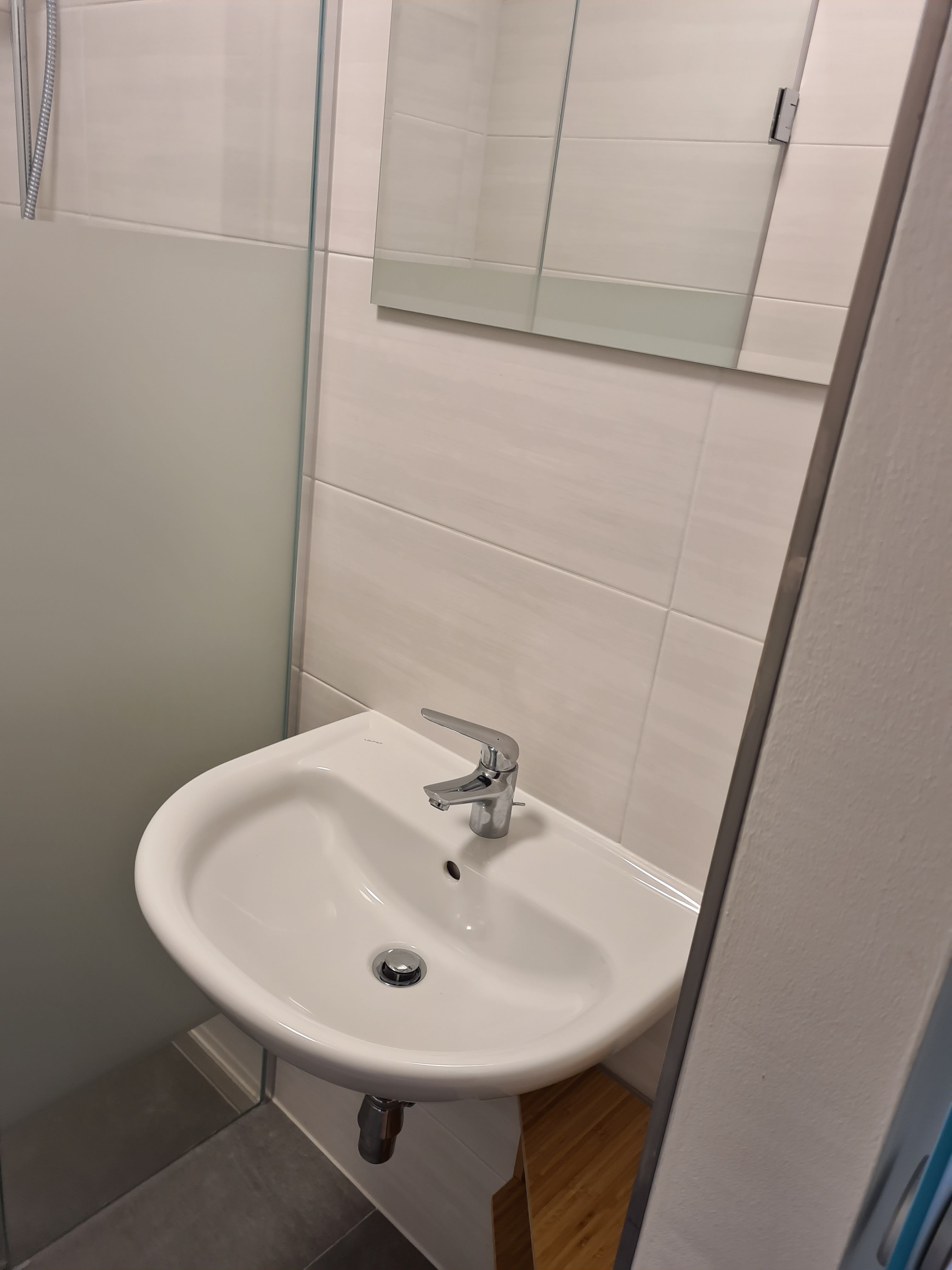 Modern bathroom with washbasin and mirror.