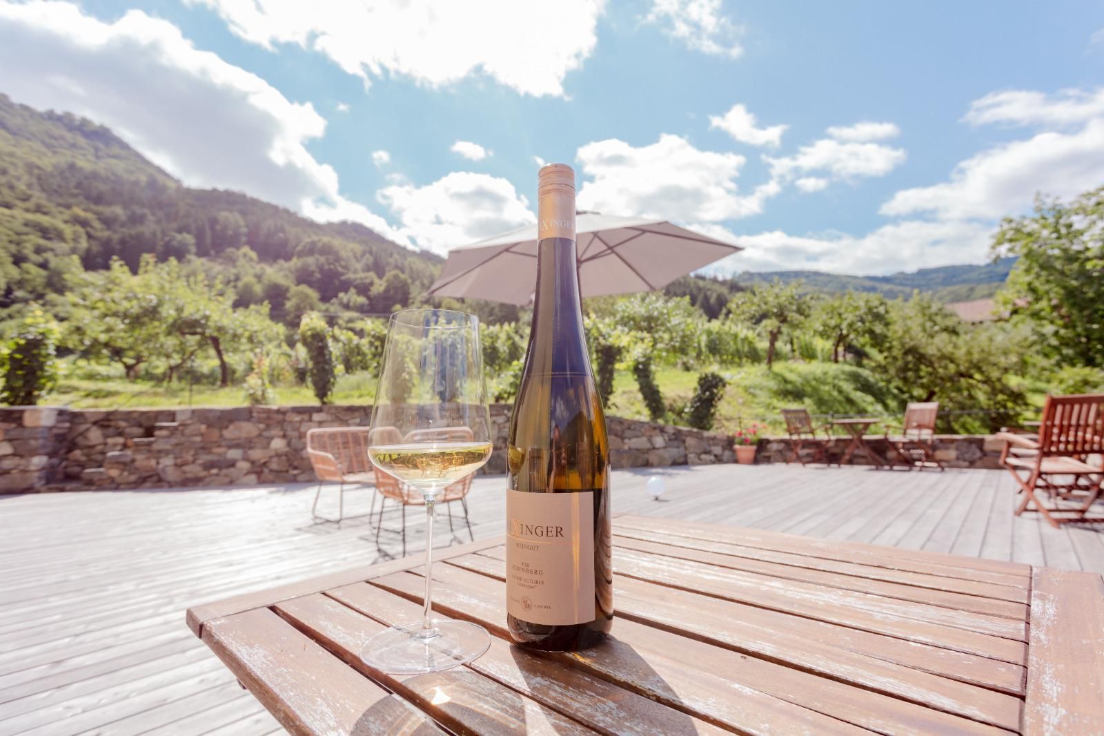 Wine bottle and glass on wooden table with view of vineyards and mountains.