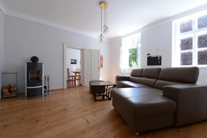 Living room with leather sofa, fireplace and wooden floor.