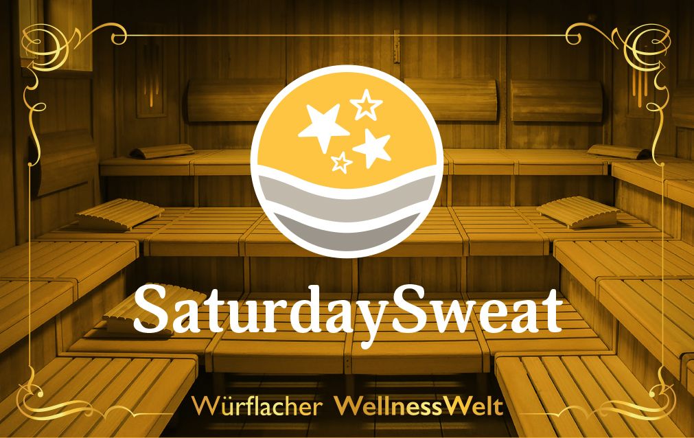 Interior view of a sauna with wooden benches and the Saturday Sweat logo.