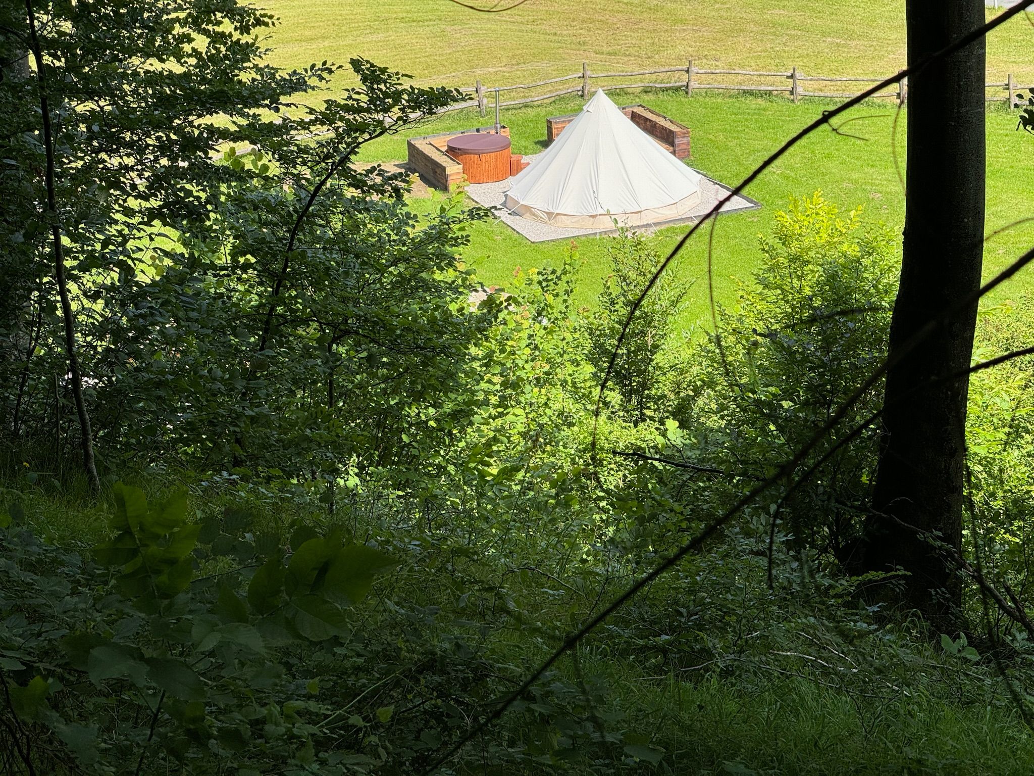 View of a glamping tent and a whirlpool on a meadow surrounded by trees.