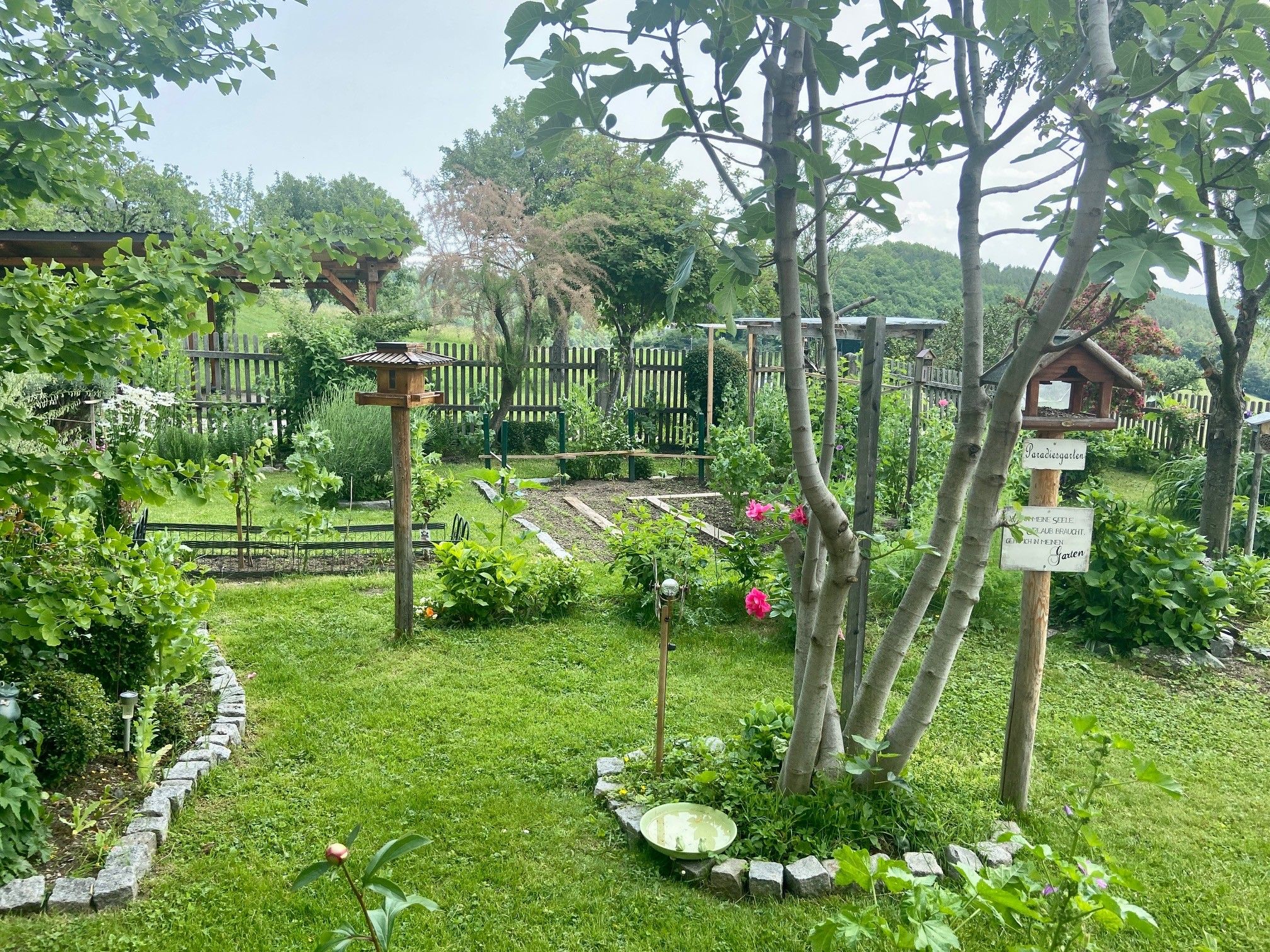 A well-kept garden with trees, flowers and a bird house.