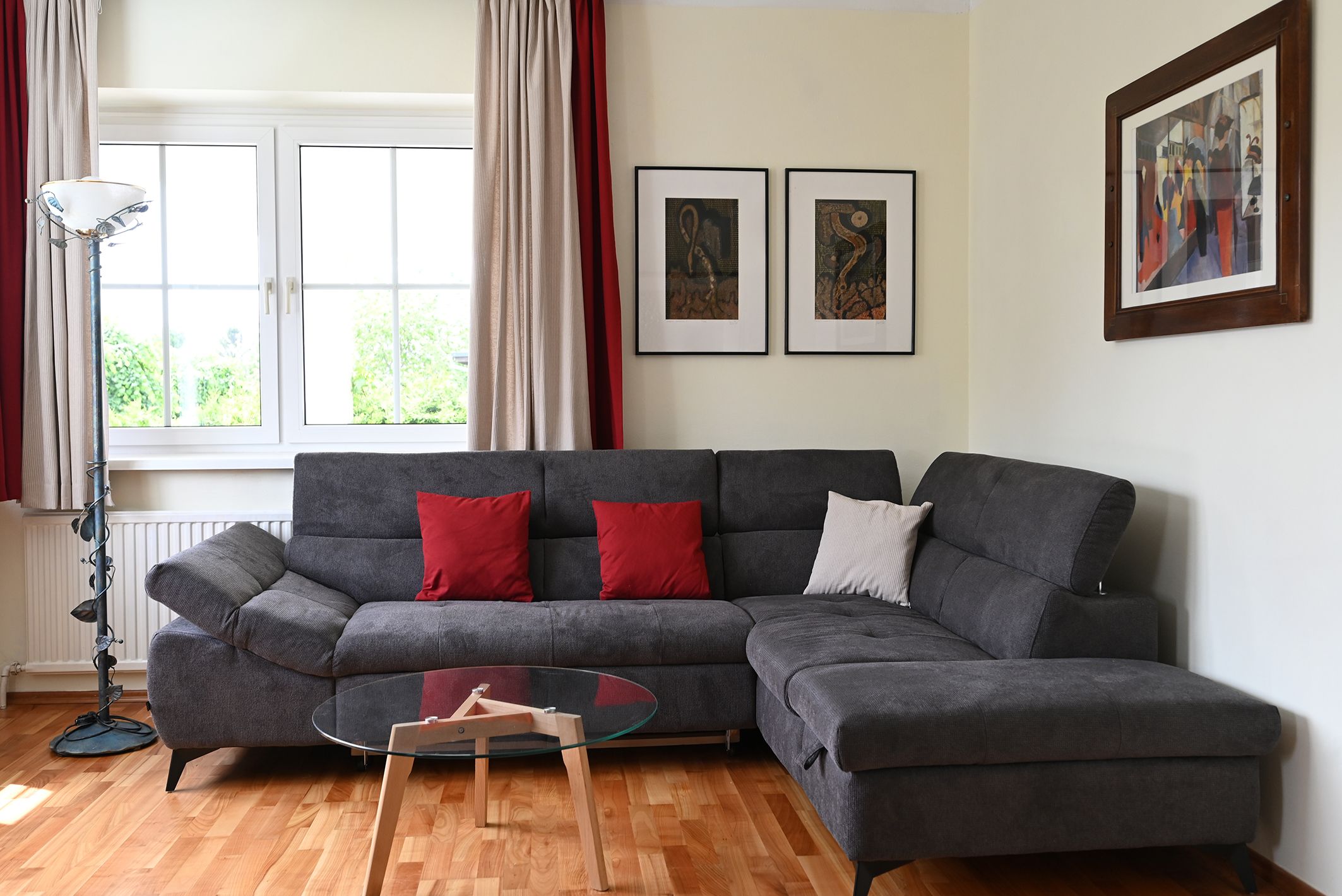 Modern living room with gray sofa, red cushions, glass table and artwork on the wall.