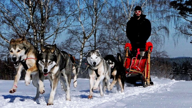 A team of sled dogs pulls a sled through a snowy landscape, steered by a person in winter clothing.