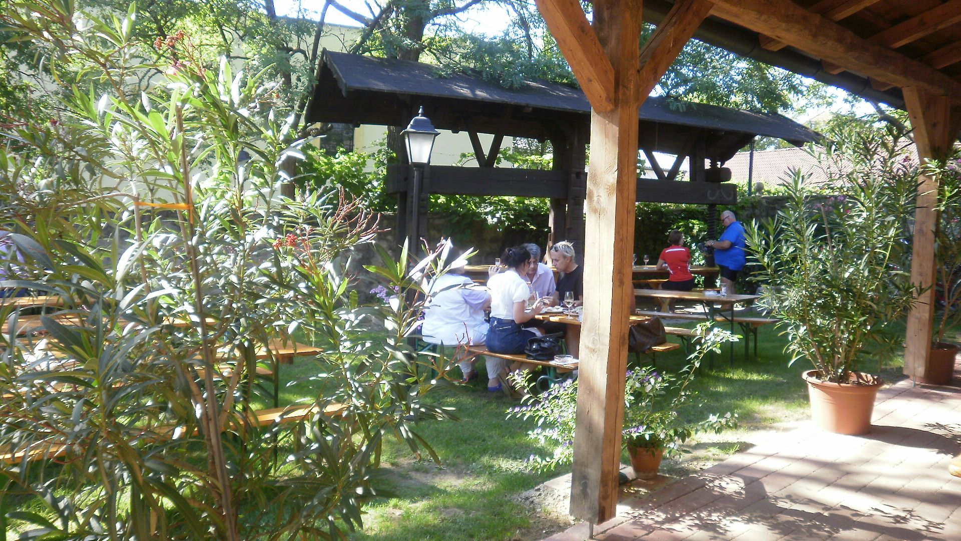 Garden of a wine tavern with wooden tables and plants.
