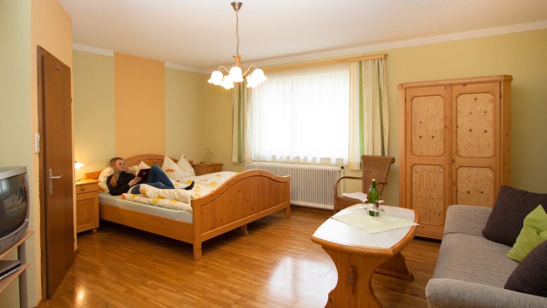 Comfortable hotel room with wooden furniture, bed, sofa and table.
