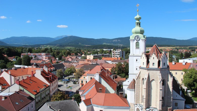 Panoramic view of Neunkirchen with church and mountains in the background.