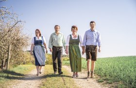 Four people in traditional dress walk along a country lane.