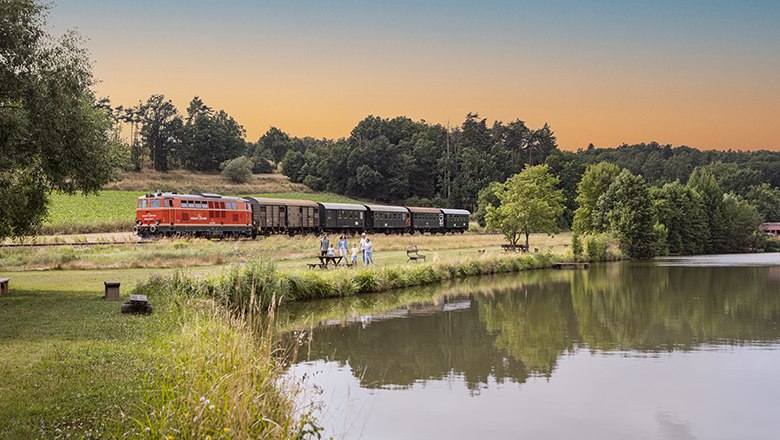 A red train passes by a lake, surrounded by a green landscape and trees. People stand on the shore and watch the train.