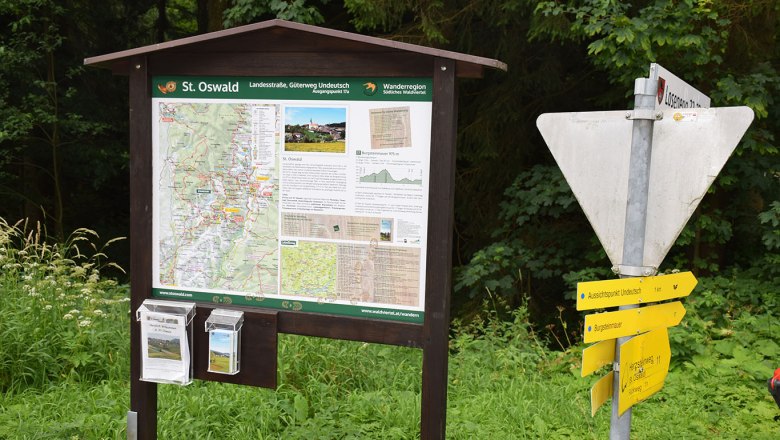 Hiking signpost and information board in St. Oswald, surrounded by forest and greenery.