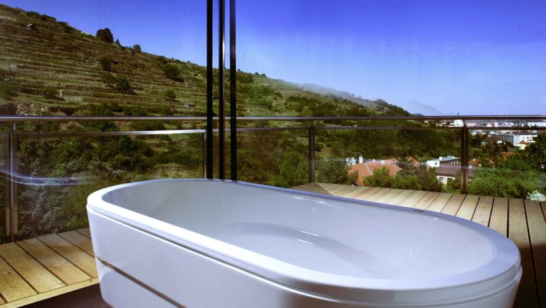 Panoramic view from a bathroom with bathtub and view of vineyards.