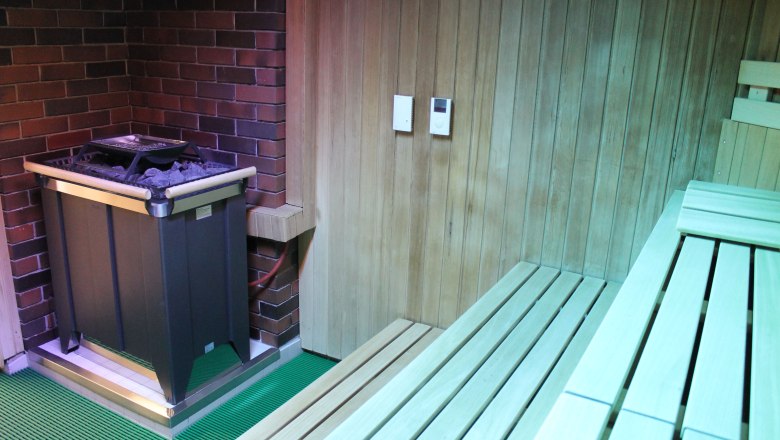 Interior view of a sauna with wood paneling and sauna heater.