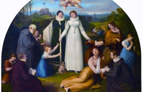 Historical painting with a woman in white, surrounded by people in a landscape. Two angels hover above her.