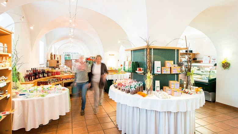 Interior view of a store with a vaulted ceiling, shelves full of products and two blurred people.