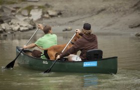 Two people and a dog in a green canoe on a river.