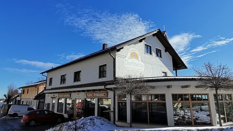 Exterior view of the Dorfstetter bakery on a sunny winter's day.