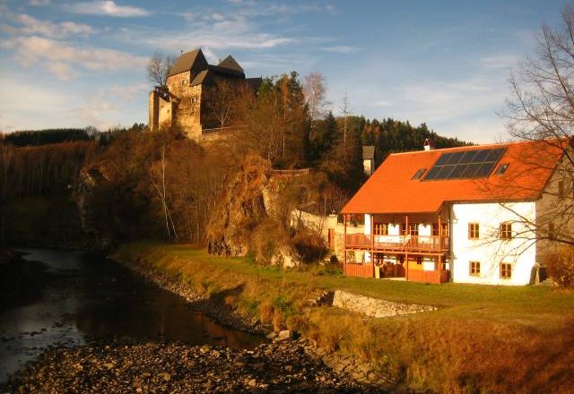 An inn with a red roof and solar panels next to a river, with a castle on a hill in the background.