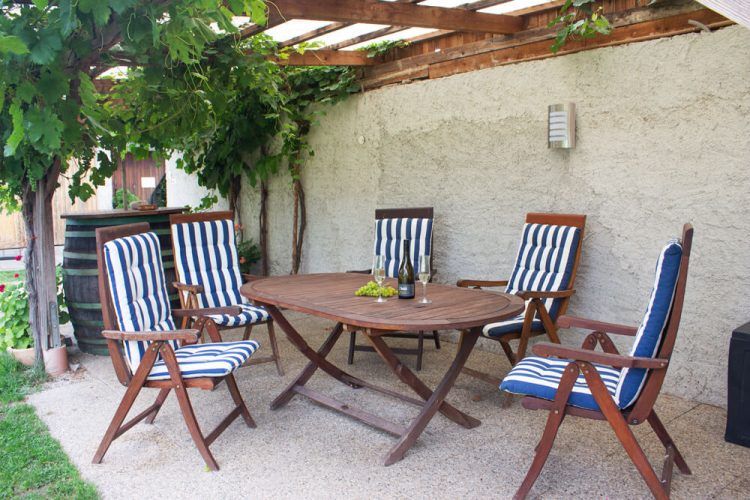Garden furniture under a pergola with vines.