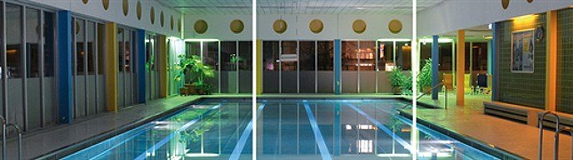 Interior view of an illuminated indoor pool with swimming pool and plants.