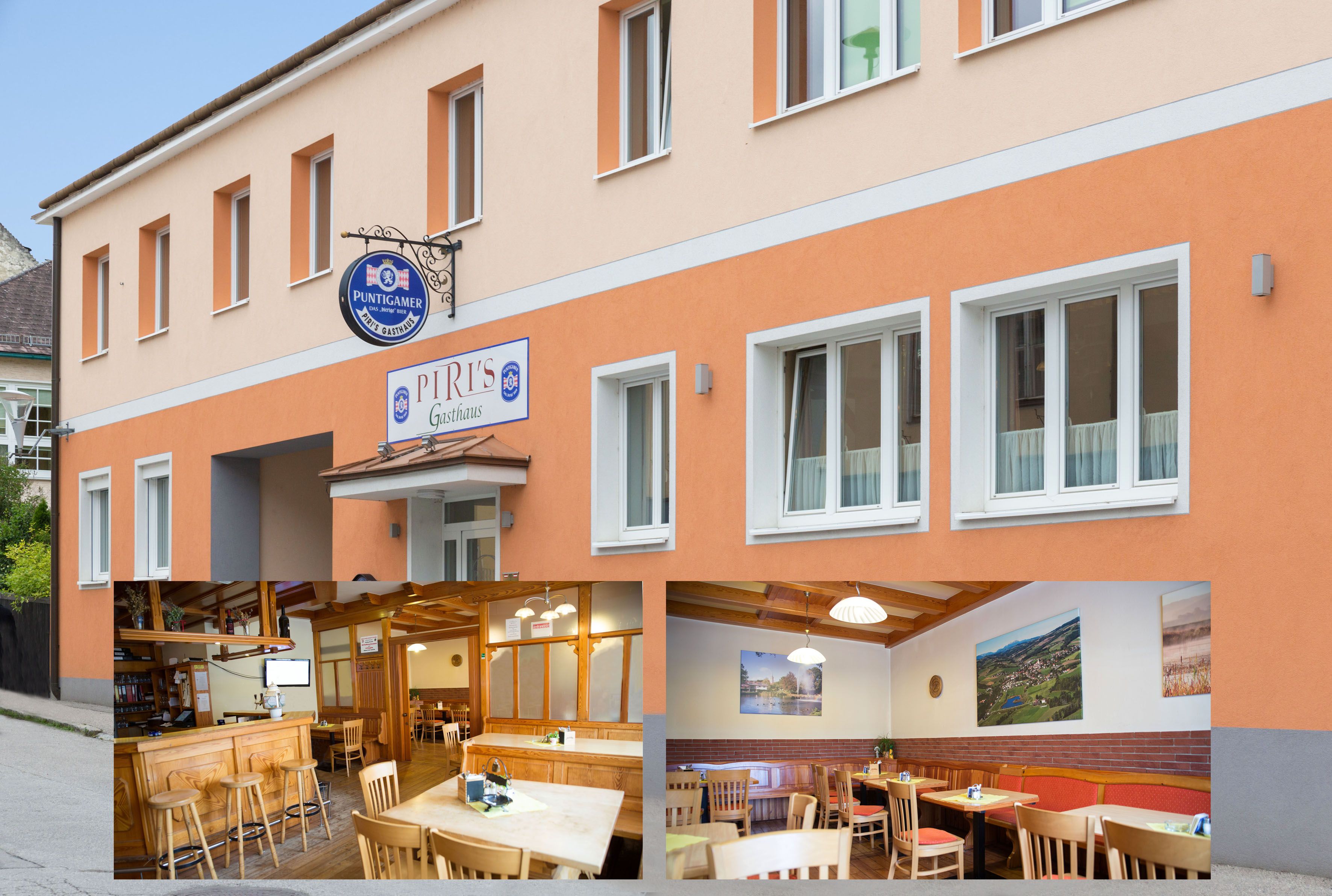 Exterior view of Piri's Gasthaus and interior views of the restaurant.