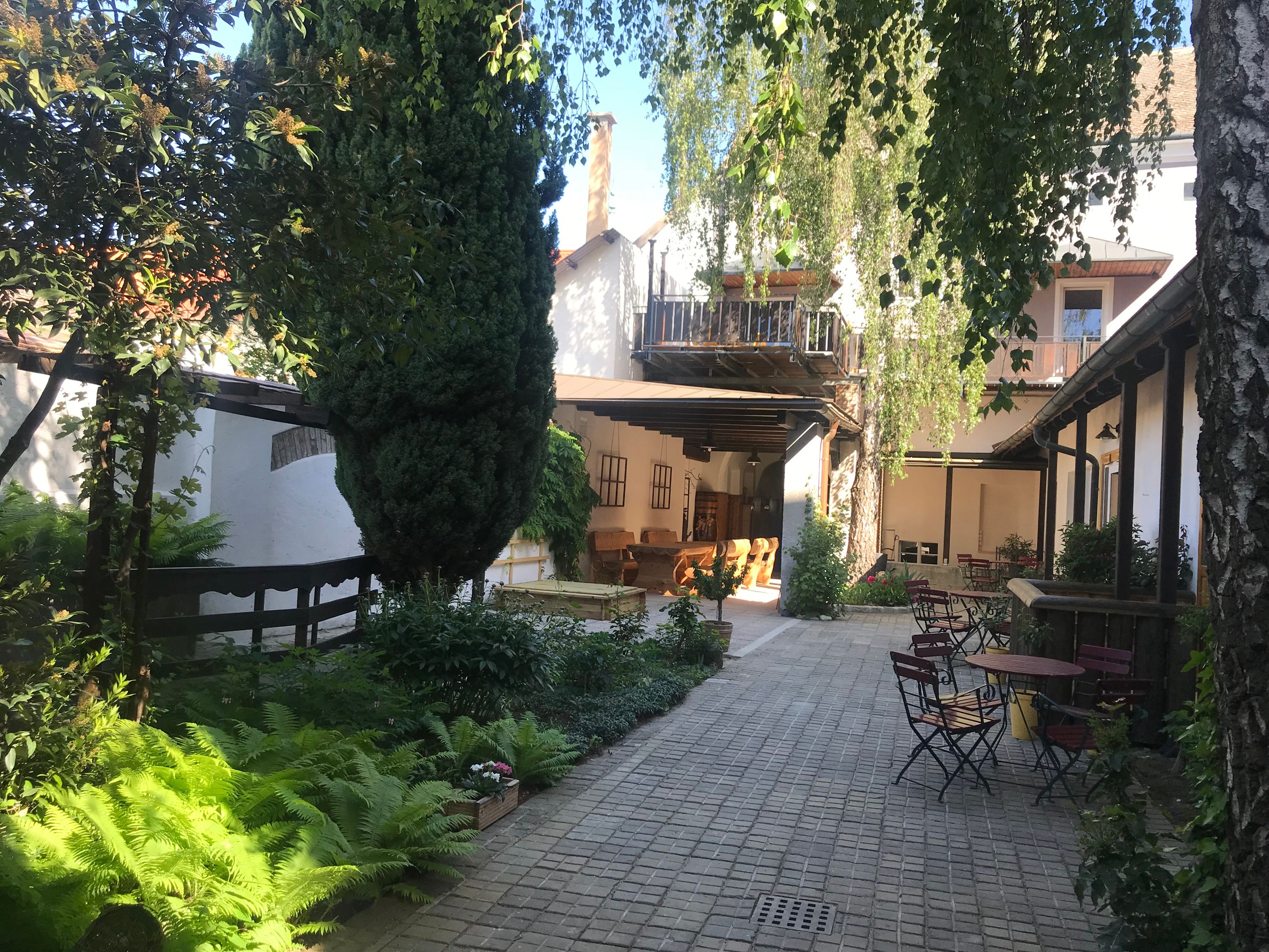A quiet courtyard with trees, plants and garden furniture under a blue sky.