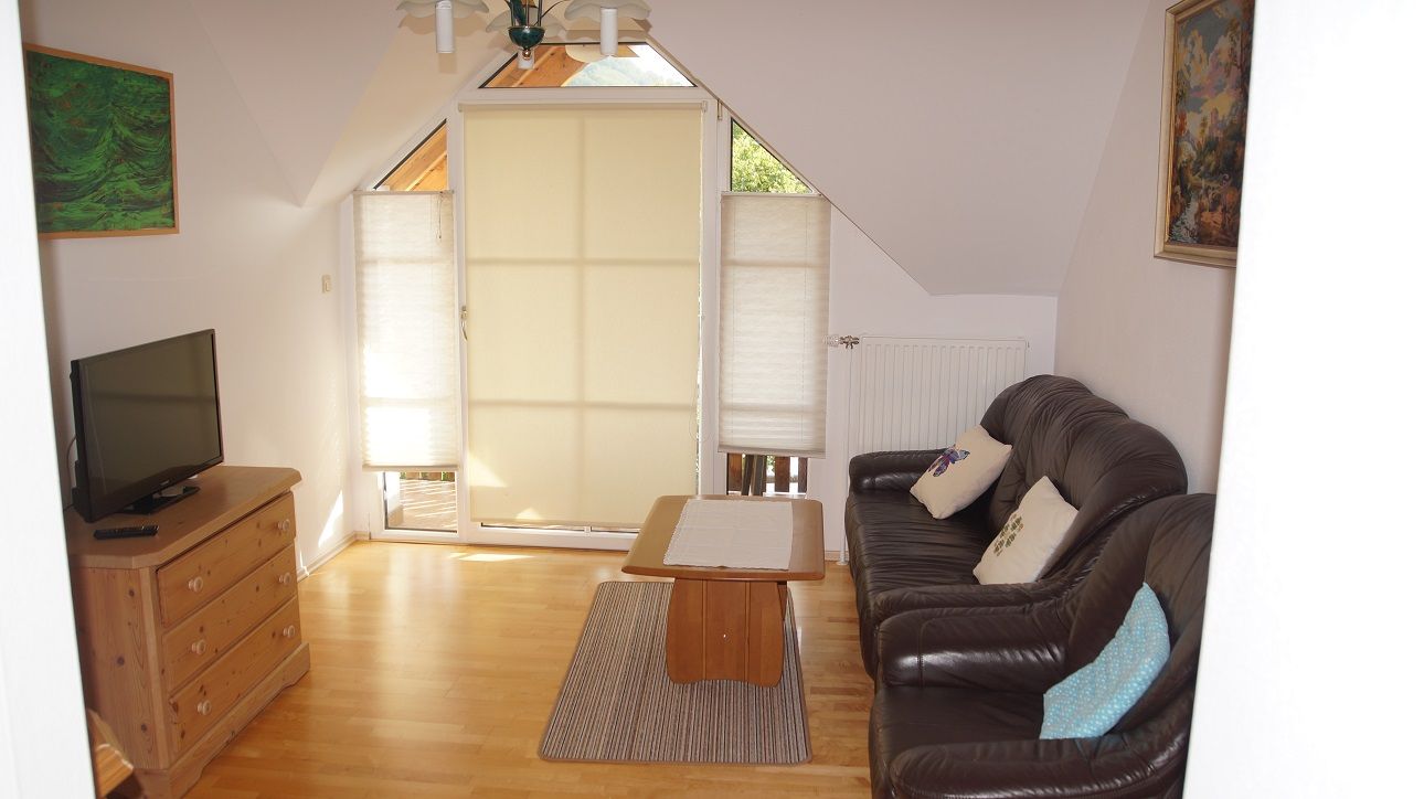 Living room with leather sofa, wooden table, chest of drawers and TV. Windows with blinds, pictures on the walls.
