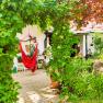 A green inner courtyard with hanging chairs, plants and trees.
