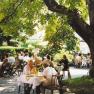 People sit outside under trees at tables and enjoy a meal.