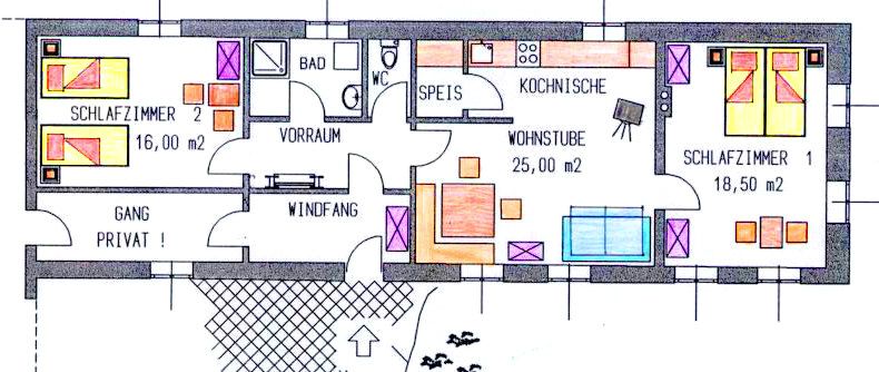 Floor plan of an apartment with two bedrooms, living room, kitchen, bathroom and anteroom.