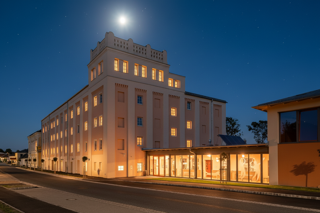 An illuminated building at night with a bright moon in the sky.