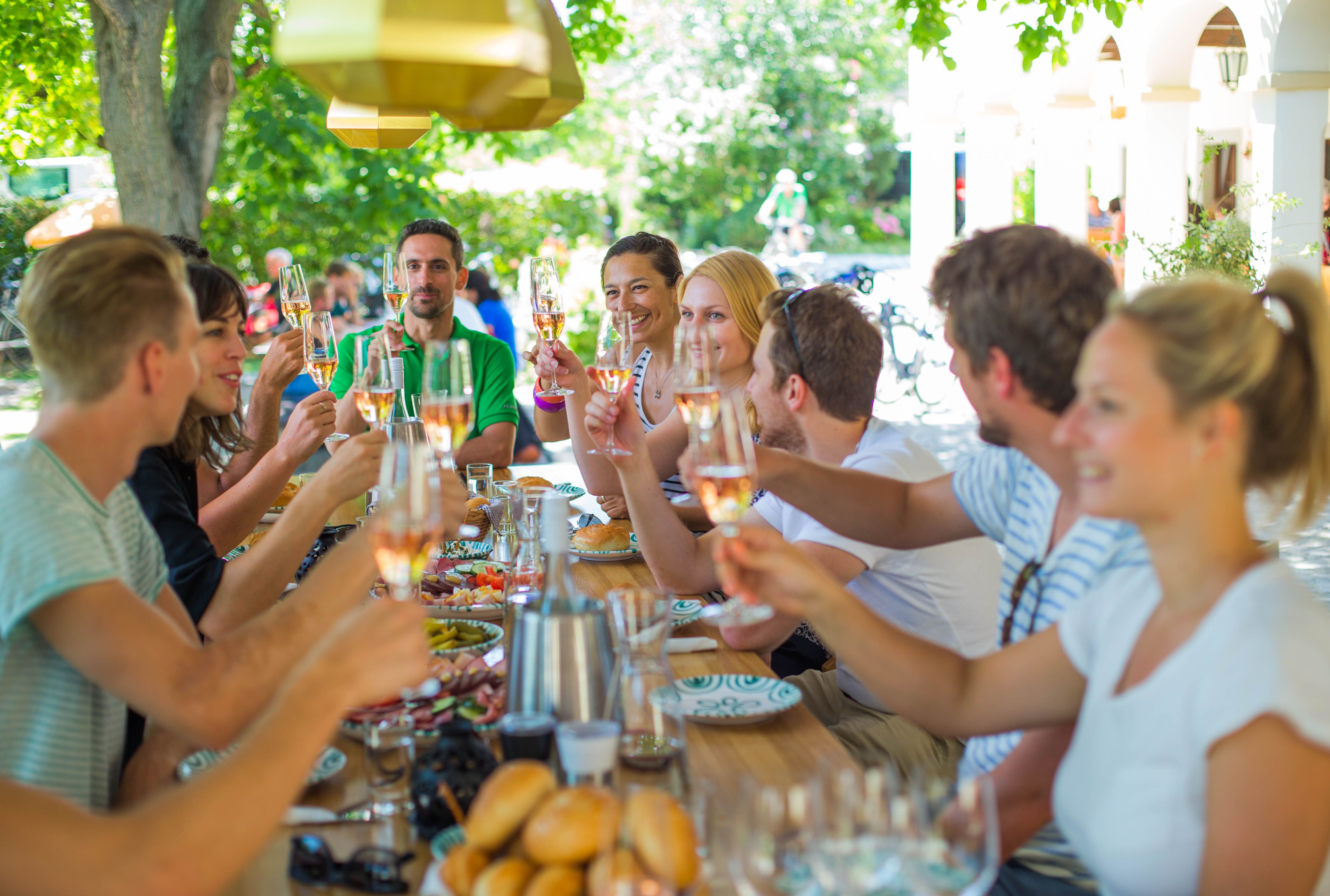 Group of people clinking glasses of wine at a long outdoor table.