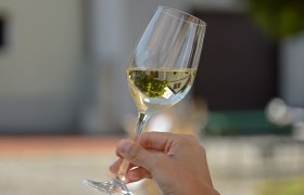 One hand holds a wine glass with white wine outside.