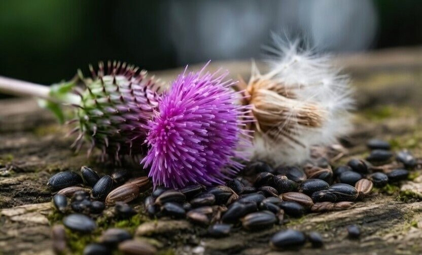 Close-up of thistle flowers and seeds on a wooden background.