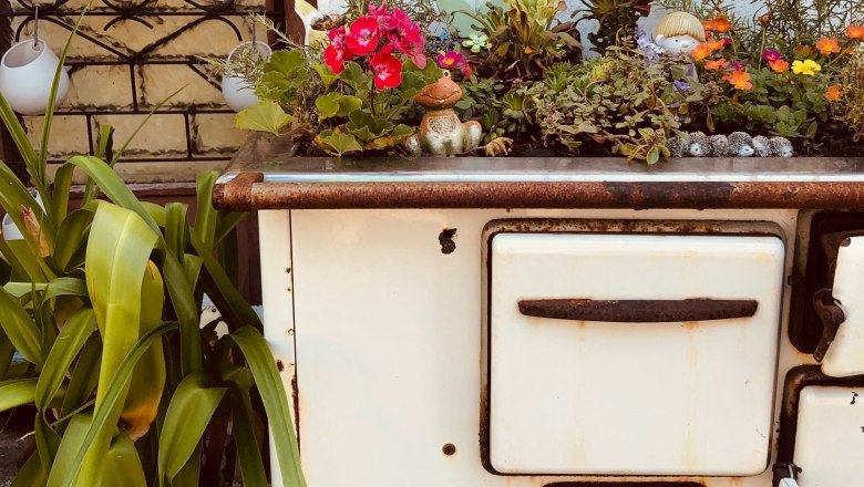 Old stove decorated with flowers and plants.