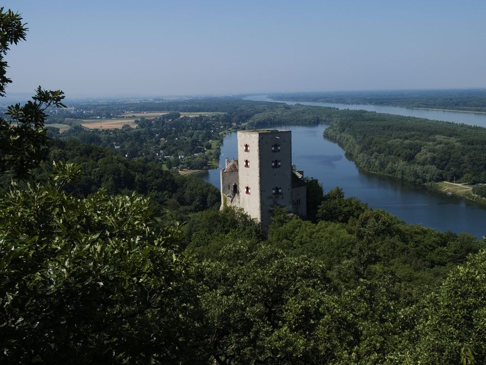 Greifenstein Castle with river and forest in the background.
