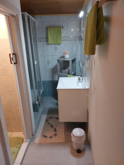 Small bathroom with shower, washbasin and towels.