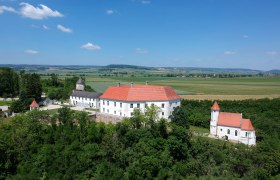 Aerial view of Viehofen Castle with red roof, surrounded by green countryside and fields.