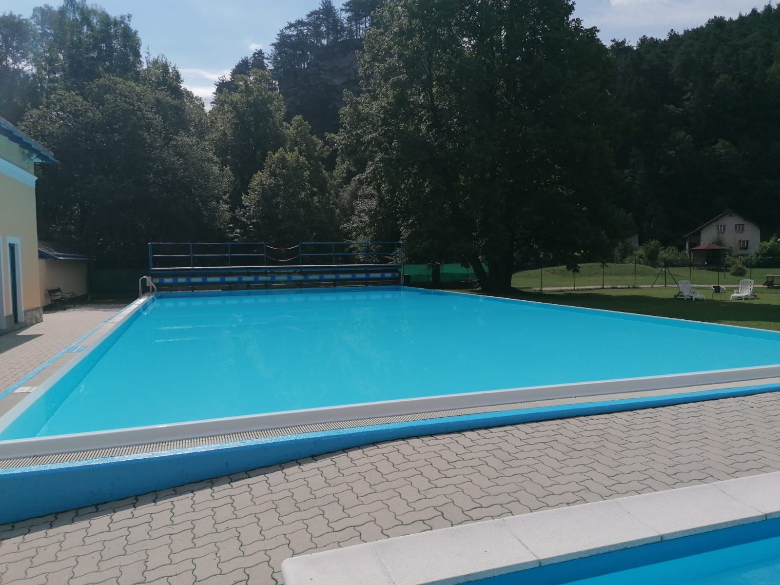 An empty outdoor swimming pool surrounded by trees and a building.