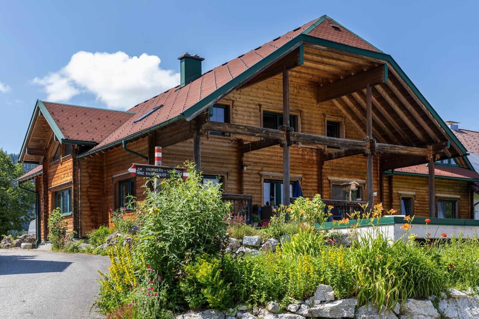 A traditional wooden house with a red roof, surrounded by flowering plants and a clear blue sky in the background.