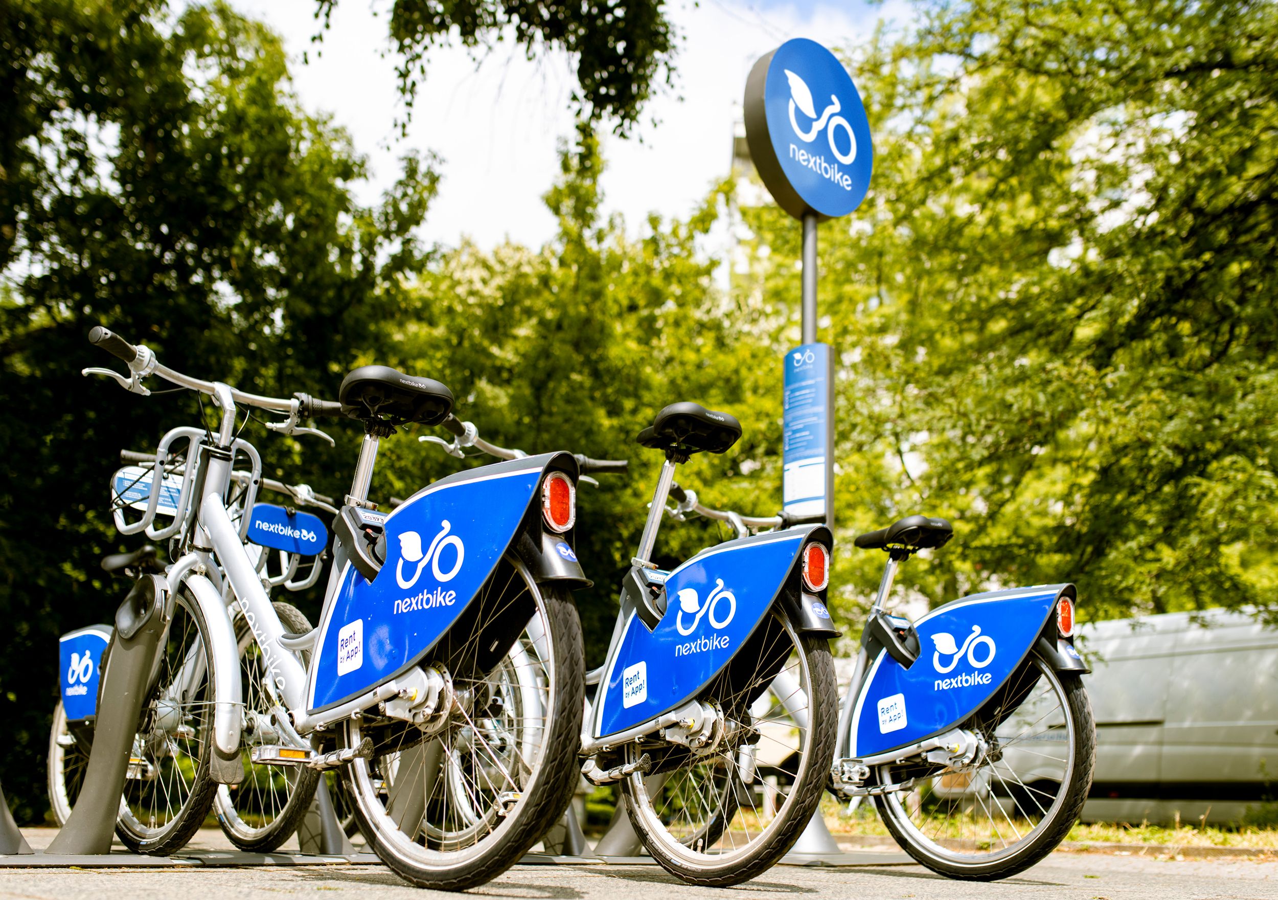 Several Nextbike bikes at an outdoor station surrounded by trees.