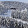 Snow-covered mountain hut in a dense forest on a hill.