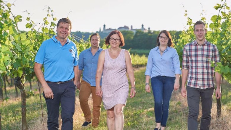 Five people smiling as they walk through a vineyard in sunny weather.