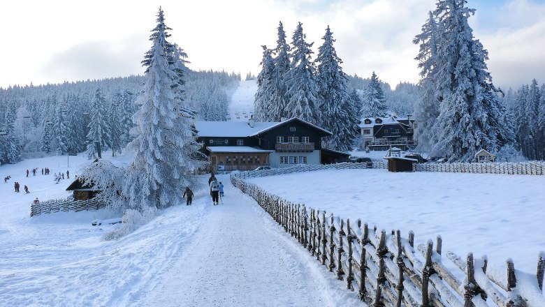 Winter landscape with snow-covered trees and buildings in Mönichkirchner Schwaig.