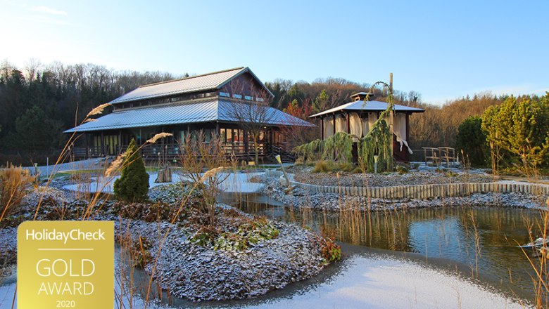 Asian-inspired building with pond and winter landscape.