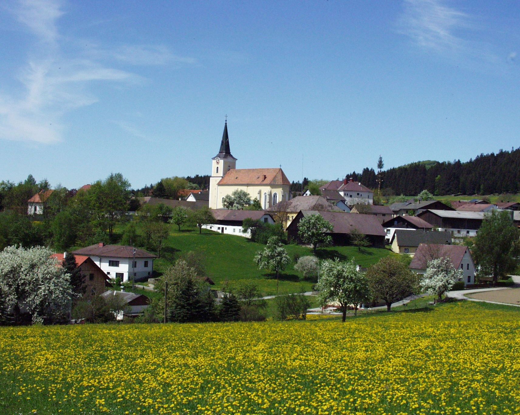 Landscape with church and village in the background, surrounded by blossoming trees and meadows.