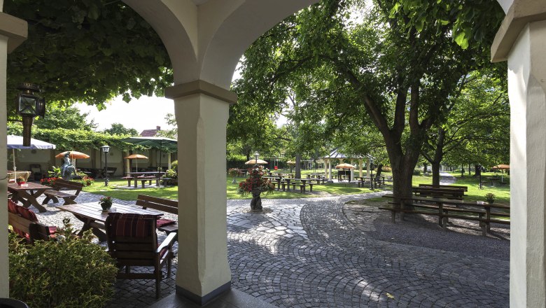 A green garden with trees, benches and parasols, seen through an archway.