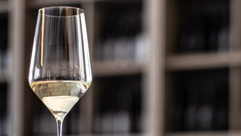 A wine glass with white wine in front of a blurred background.