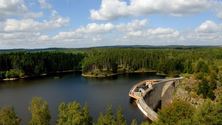 Dam wall of Lake Ottenstein surrounded by forest and water.