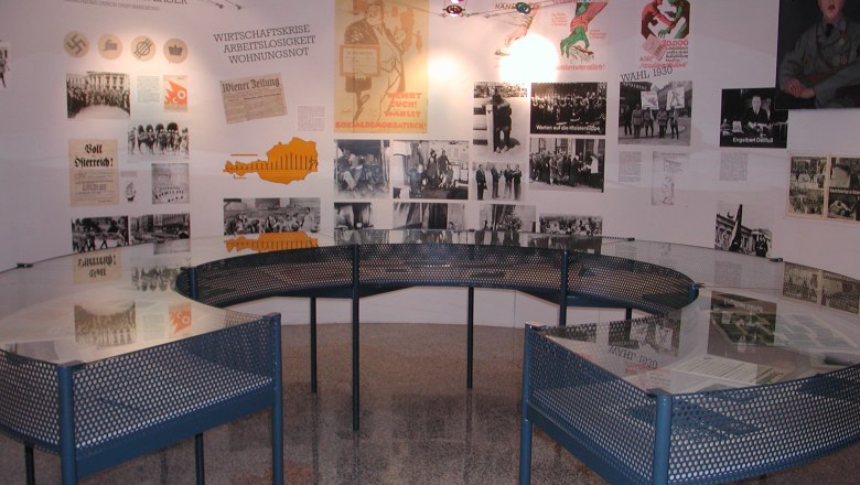 Interior view of the Leopold Figl Museum with historical photos and documents on the wall.