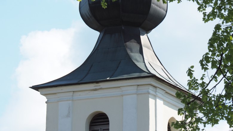 Church tower with onion dome and green leaves in the foreground.